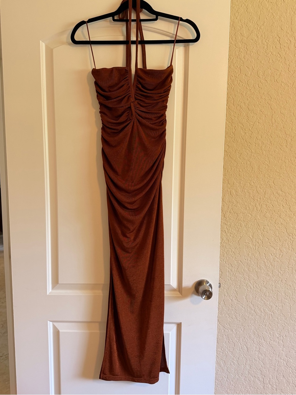 Lulu's Brown Ruched Halter Maxi Dress